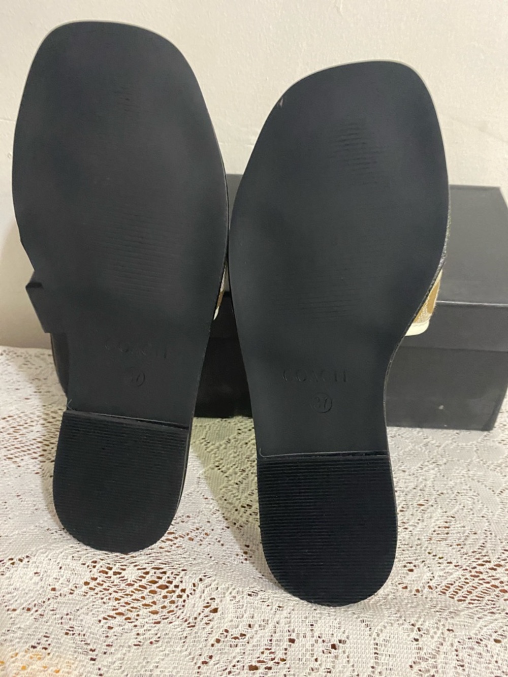 Coach Signature Slide Sandals in Beige and White with Gold Accent - Picture 5 of 9